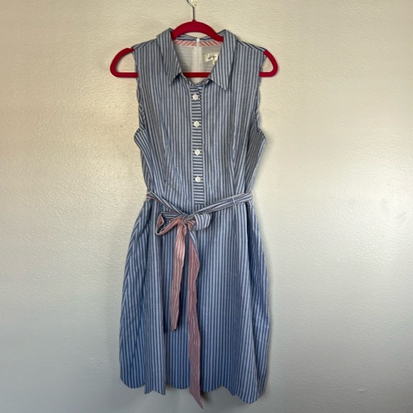 NWT Harper Rose Belted Striped Shirt Dress Blue Scalloped Hem Button Front sz 14 - Picture 4 of 8